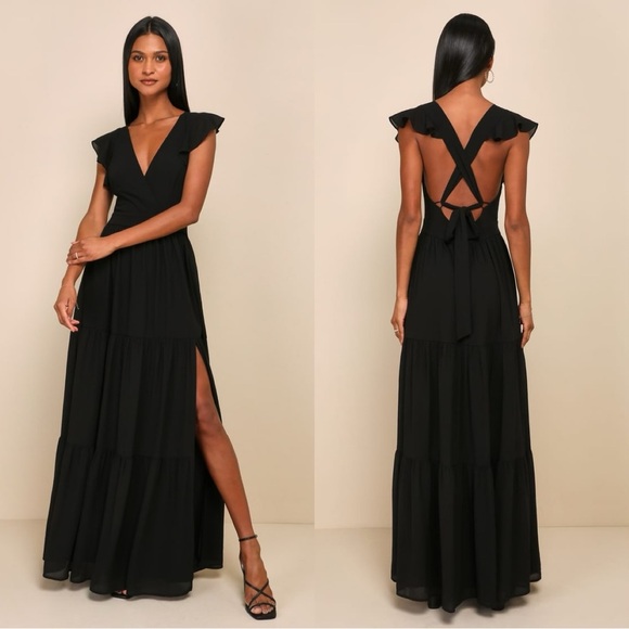 NWT Lulus Charming Success Black Tiered Lace-Up Backless Maxi‎ Dress - Picture 1 of 11